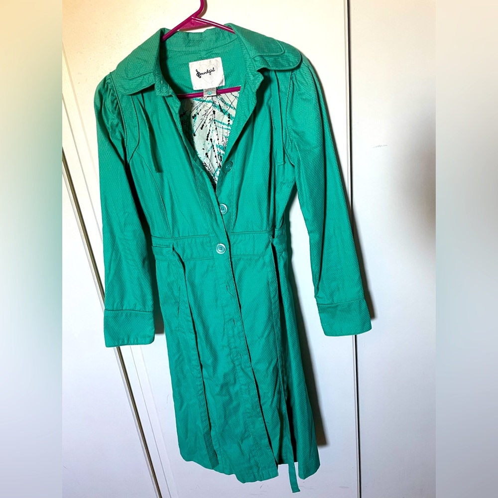 Soundgirl womens size XS trench coat turquoise w detachable hood and pockets